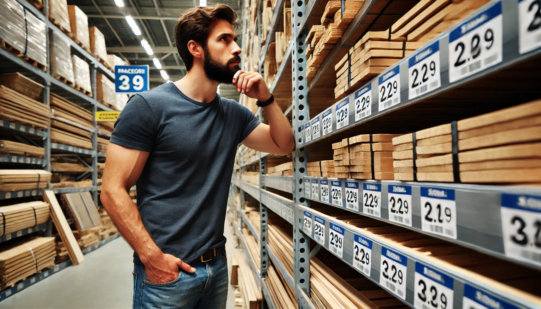 Comprador comparando precios en un rack con distintos productos de madera en una ferretería, evaluando opciones para proyectos de carpintería